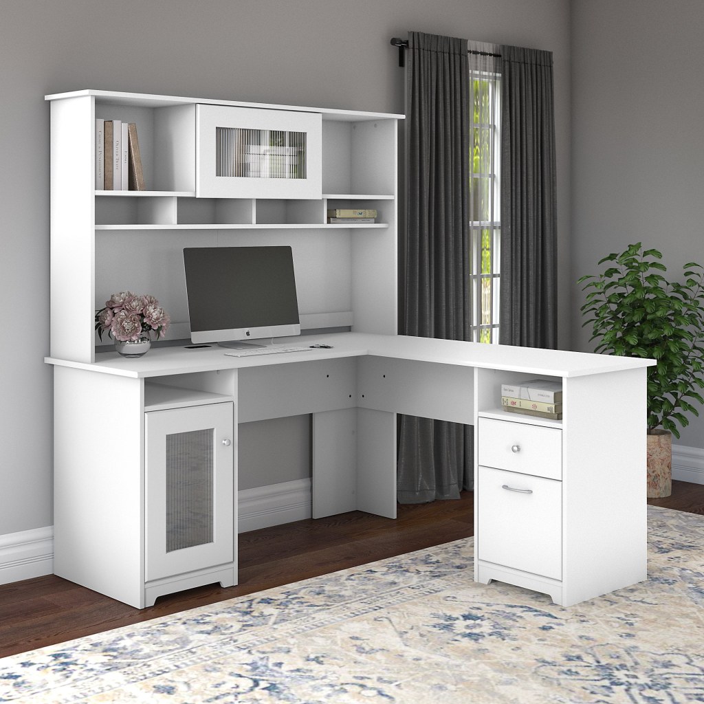 Picture of: Cabot Modern  W L Desk with Hutch, includes  File Drawer,  Box Drawer  and Storage in White