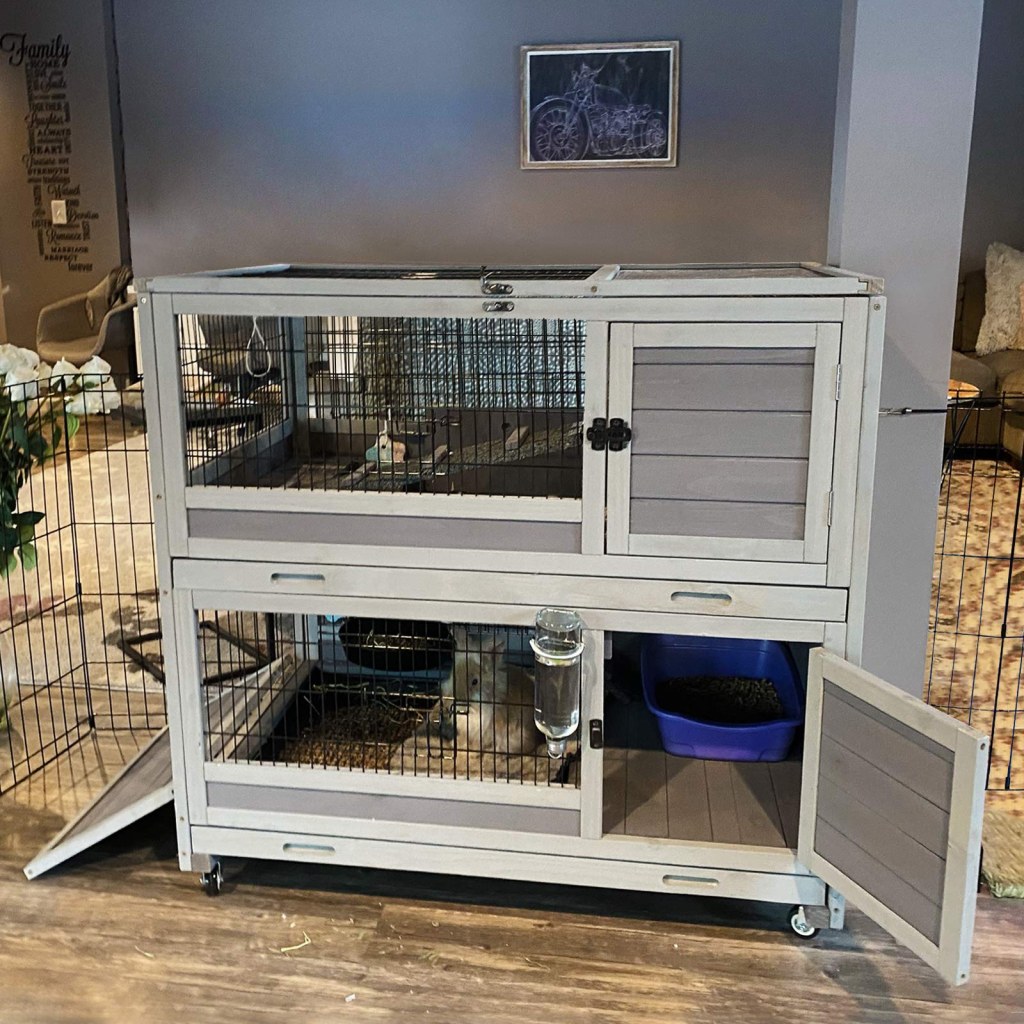 Picture of: GUTINNEEN Bunny Hutch Indoor Rabbit Hutch Large Guinea Pig Cage with Wheel,  Outdoor Rabbit Cage with Removable Bottom Wire Floor