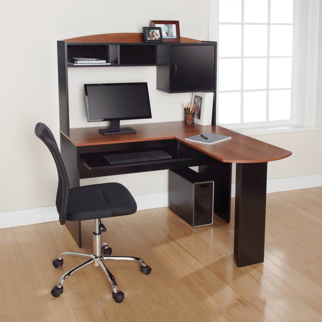 Picture of: Mainstays L-Shaped Desk with Hutch and Keyboard Tray