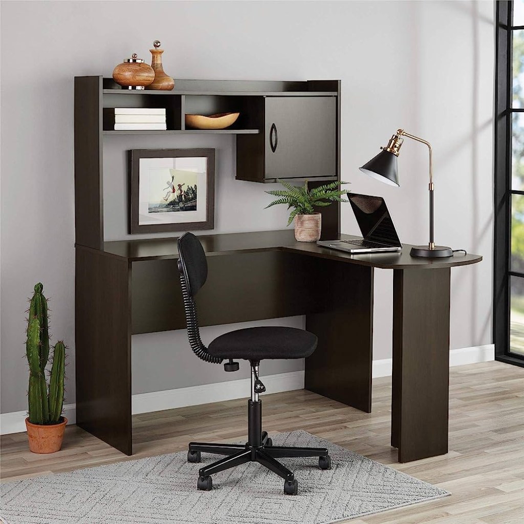 Picture of: Mainstays’ L-Shaped Desk with Hutch, Multiple Colors (L-Shaped Desk with  Hutch, Espresso/Rustic Oak)