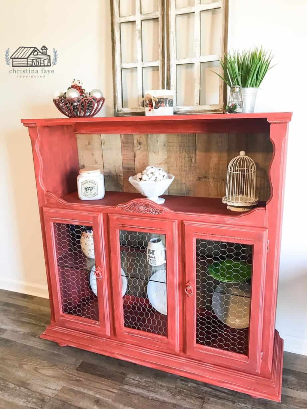 Picture of: Repurposed Hutch Top Flipped Upside Down Into Red Farmhouse